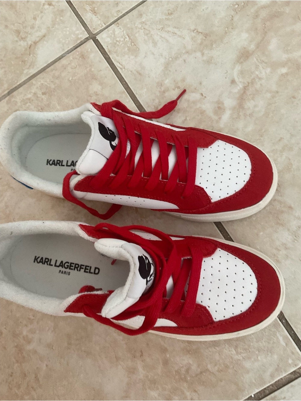 Karl Lagerfeld Kids Red and White Low-Top Sneakers with Logo Tongue